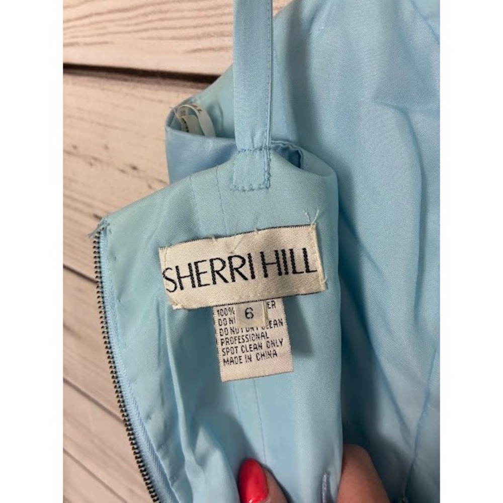 Sherri Hill Light Blue Satin Embellished Pocket Cocktail Dress Size 6 - Picture 7 of 8